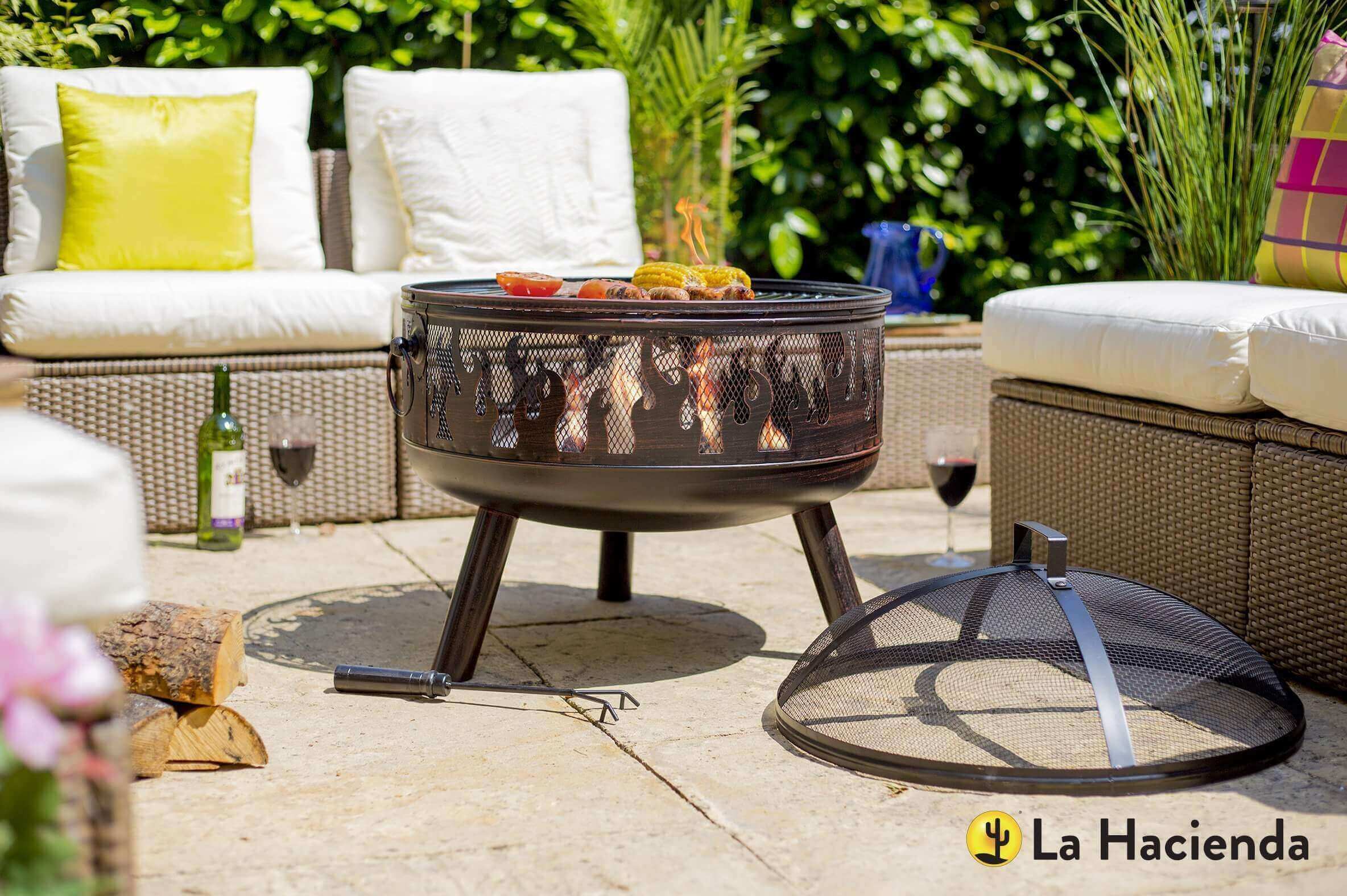 Steel firepit with BBQ grill attachment