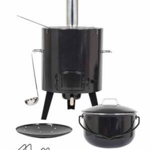 La Hacienda Cowboy Cookout 4-In-1 Outdoor Cooking Stove with pot, ladle, and lid