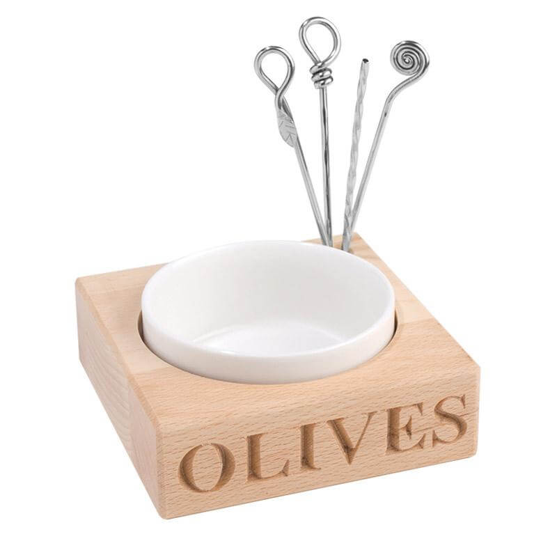 Olive dish with four picks