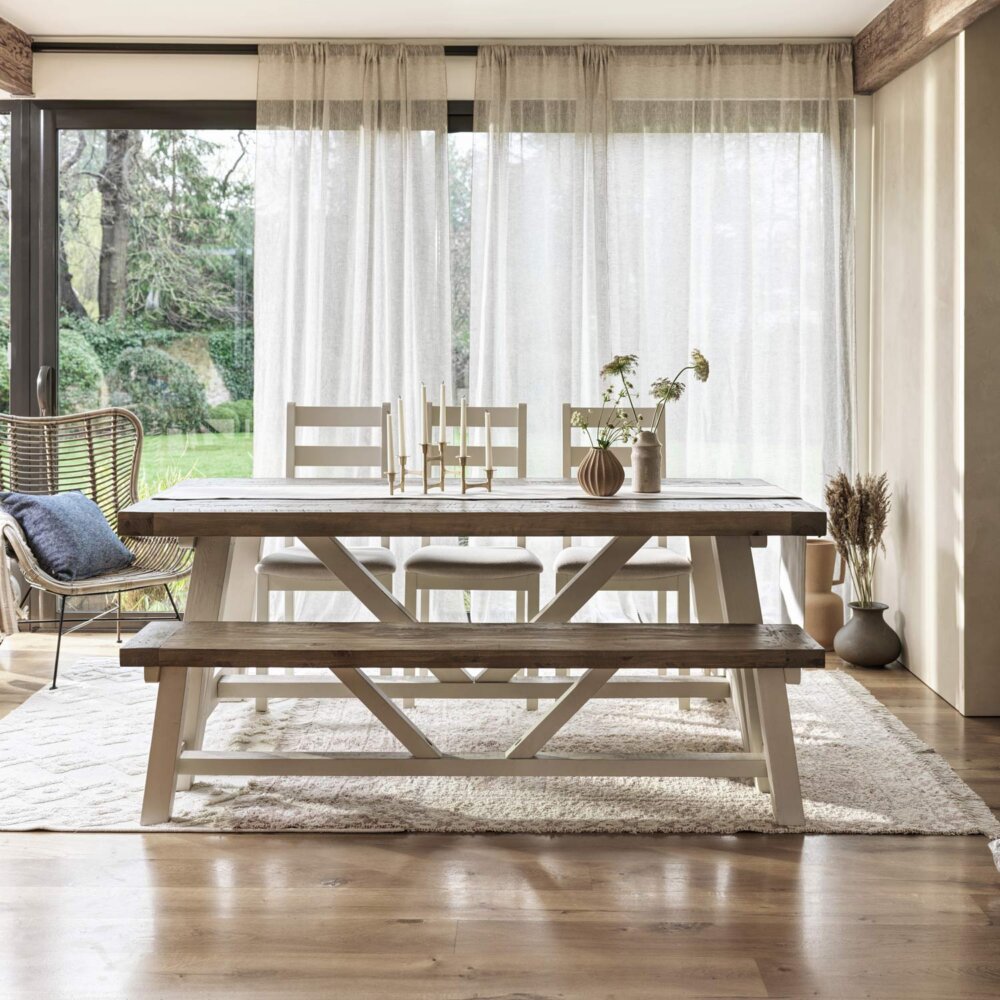 Reclaimed wood dining table - Modern Farmhouse Extending Dining Table Set (3 chairs and 1 bench)placed in a light and airy room leading out to a garden