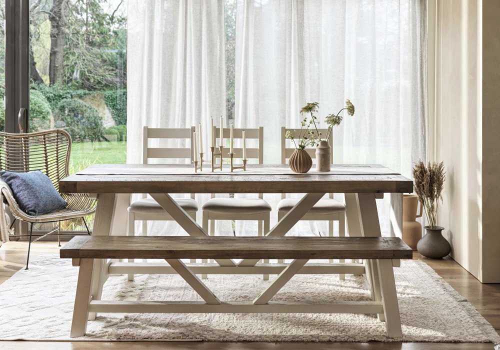 Reclaimed wood dining table - Modern Farmhouse Extending Dining Table Set (3 chairs and 1 bench)placed in a light and airy room leading out to a garden