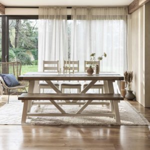 Modern Farmhouse Extending Dining Table Set (3 chairs and 1 bench)placed in a light and airy room leading out to a garden