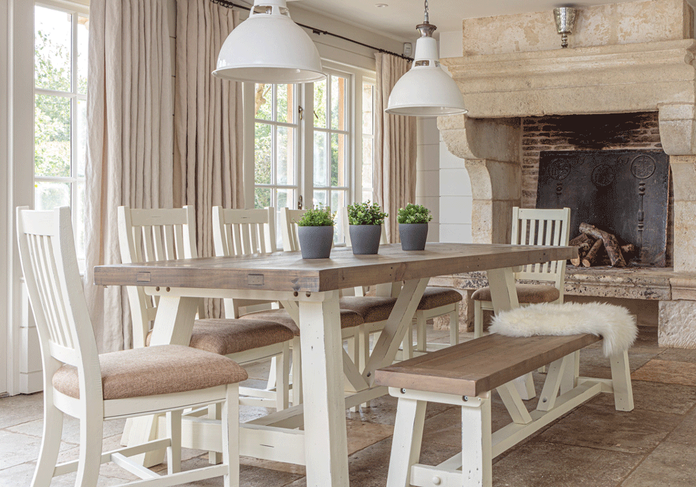 modern farmhouse dining table 2m with far side extended. table has 5 chairs and 1 matching bench