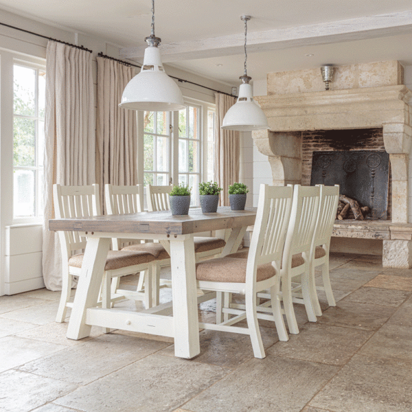 modern farmhouse extending dining table with 3 green plants on top and 6x matching chairs pushed in- next to floor length windows and fireplace