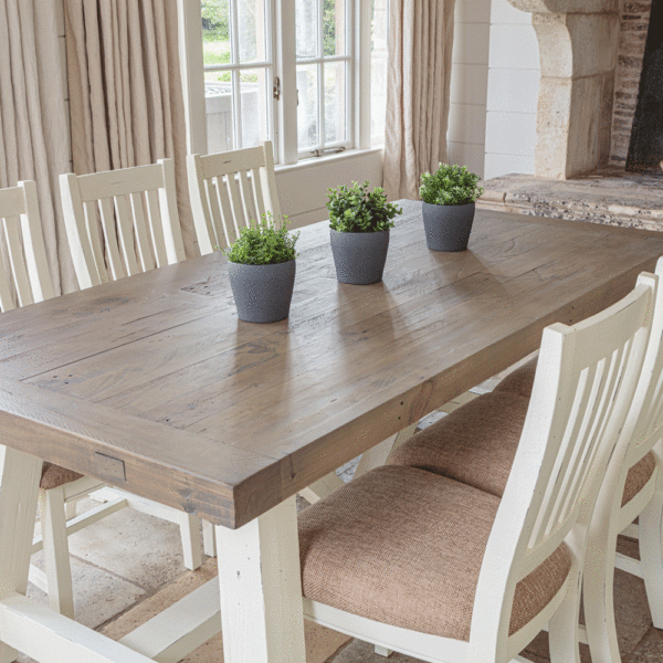close up of modern farmhouse dining table tabletop with 3 x green plants and 5 x chairs tucked under table