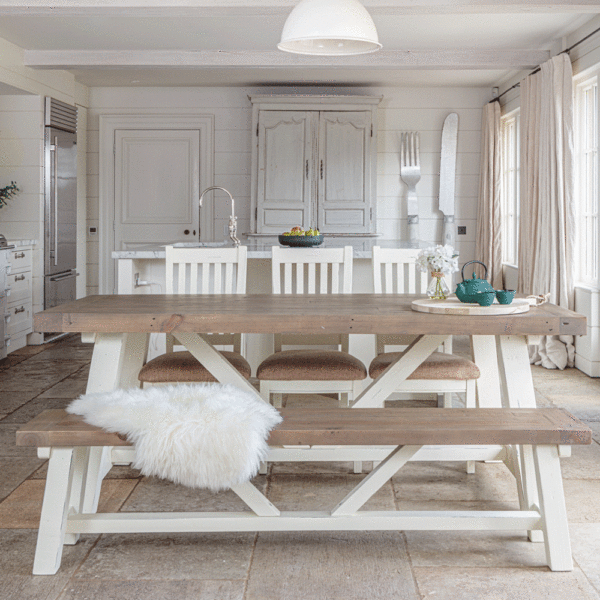modern farmhouse extendable dining table 2m with 3 x chairs and 1 bench with white rug on- in white rustic kitchen setting