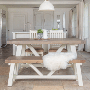 modern farmhouse extending dining table 1.6m with 1 bench and 2 x chairs in white kitchen setting