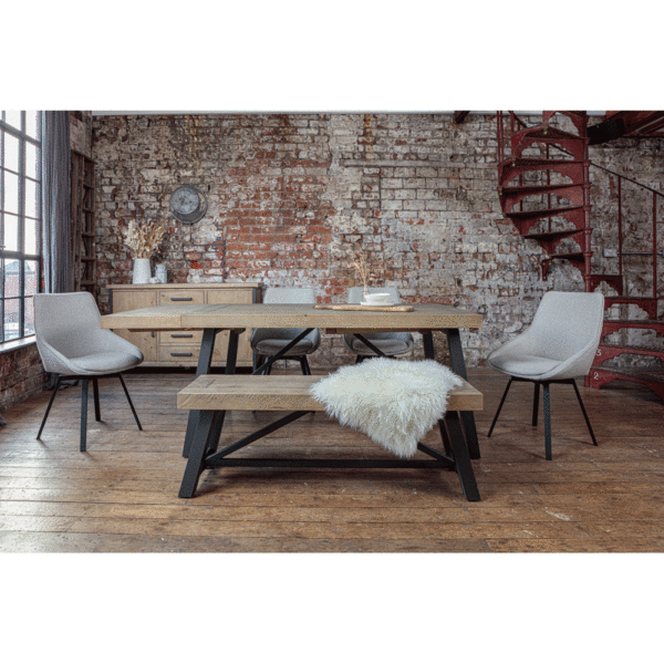 Urban 1.6m extendable table set with left end extended- light grey gaudi chairs and bench with fluffy white throw