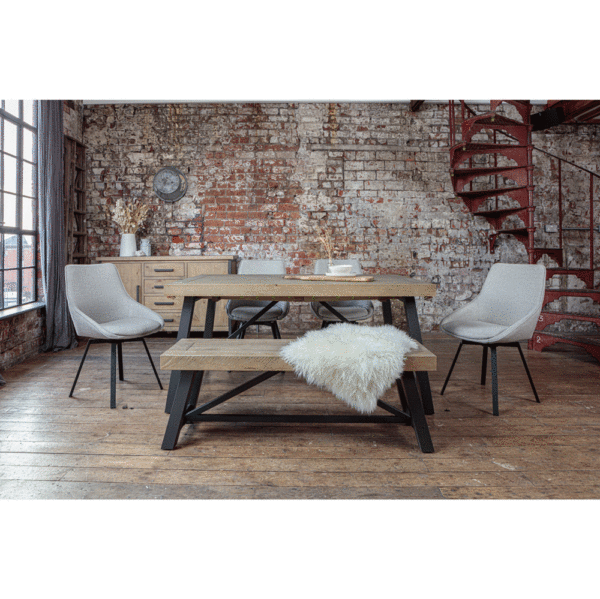Urban 1.6m extendable table set with light grey gaudi chairs and bench with fluffy white throw
