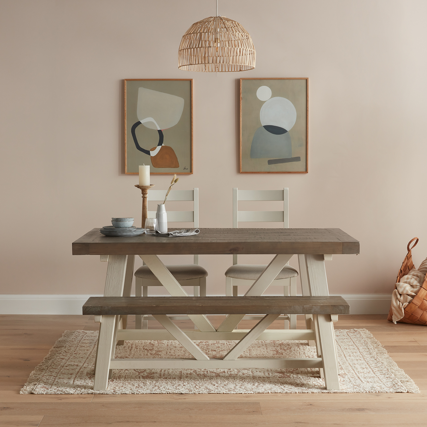 Modern-Farmhouse-1.6m-Table-Small-Bench-2-Chairs