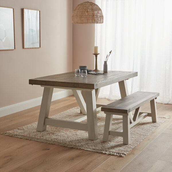 Modern Farmhouse bench placed in a wooden hallway next to an ornamental vase