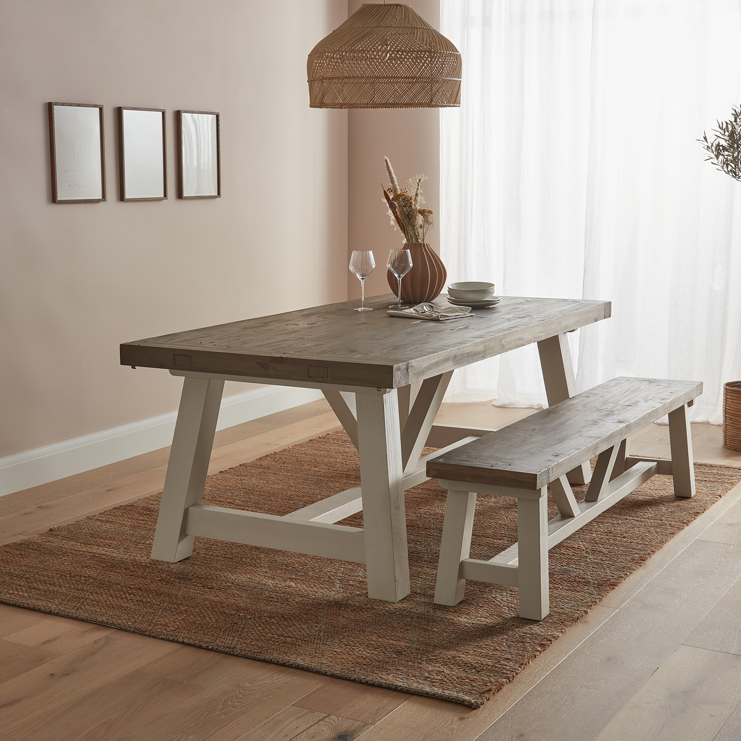 Farmhouse dining set with sales bench and chairs