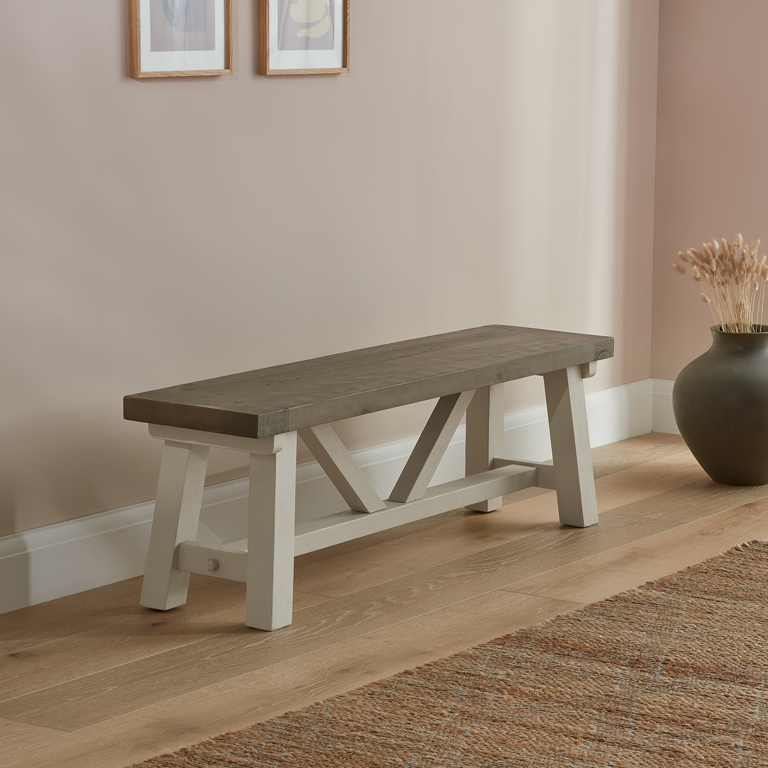 Modern Farmhouse bench placed in a wooden hallway next to an ornamental vase