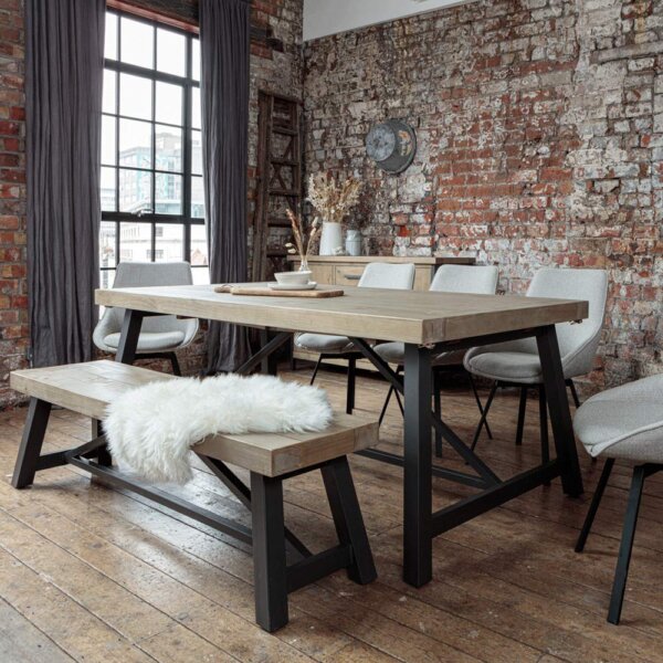 Industrial style 2m dining table with wood top and metal base