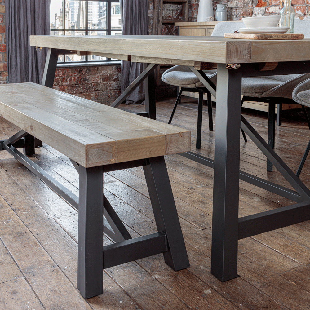 large urban pine bench with metal base