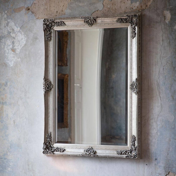 Ornate Rectangle Mirror with Silver wooden frame