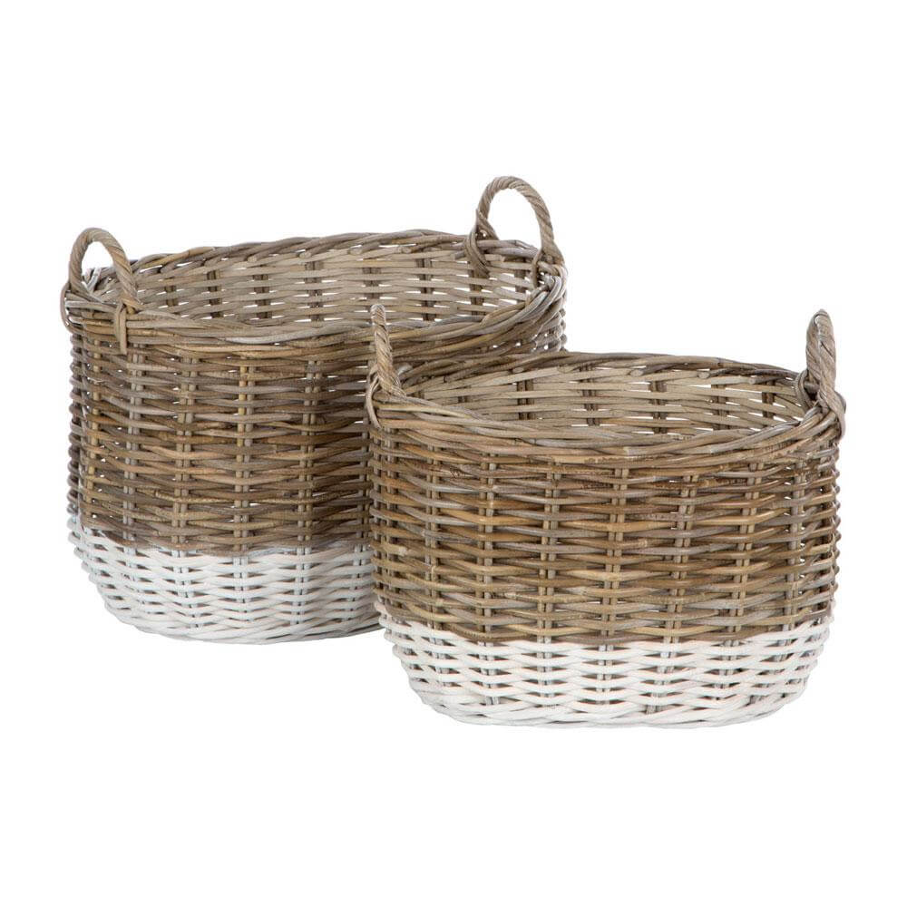 Hampstead Oval Storage Baskets Split Kubu Rattan / Grey White Set of 2