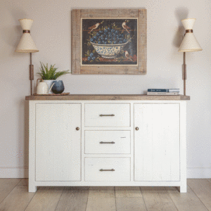 modern farmhouse large sideboard with lamps on either end of surface and painting hung on the wall above