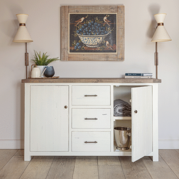 modern farmhouse large sideboard with right side cupboard door open and 2 lampshades on either end.