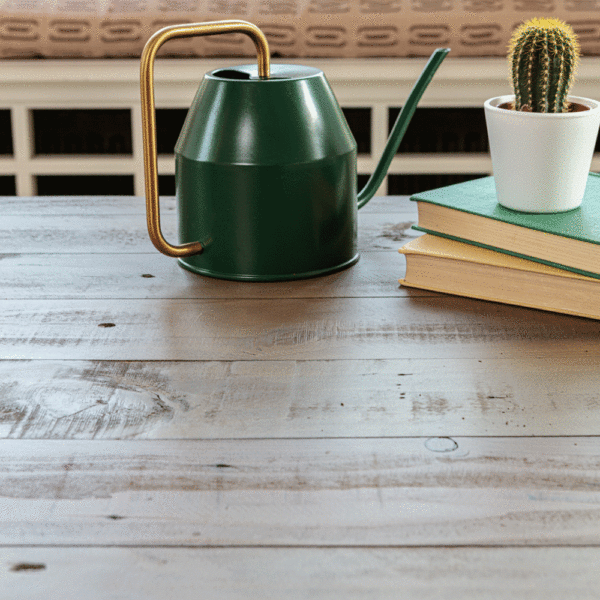 close up of modern farmhouse rustic coffee table tabletop with drawers. table has watering can and cactus on top