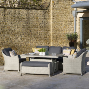 2021 Bramblecrest Monterey 3 Seat Outdoor Sofa Set With Ceramic Dining Table On A Patio