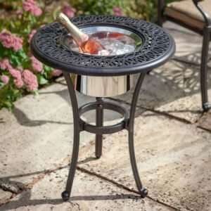 2021 Hartman Amalfi 54cm Round Bistro Table With Bronze Ice Bucket on a garden patio