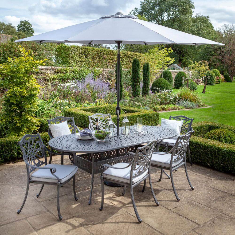 2021 Hartman Capri 6 Seat Oval Garden Dining Table Set - Antique Grey/Platinum