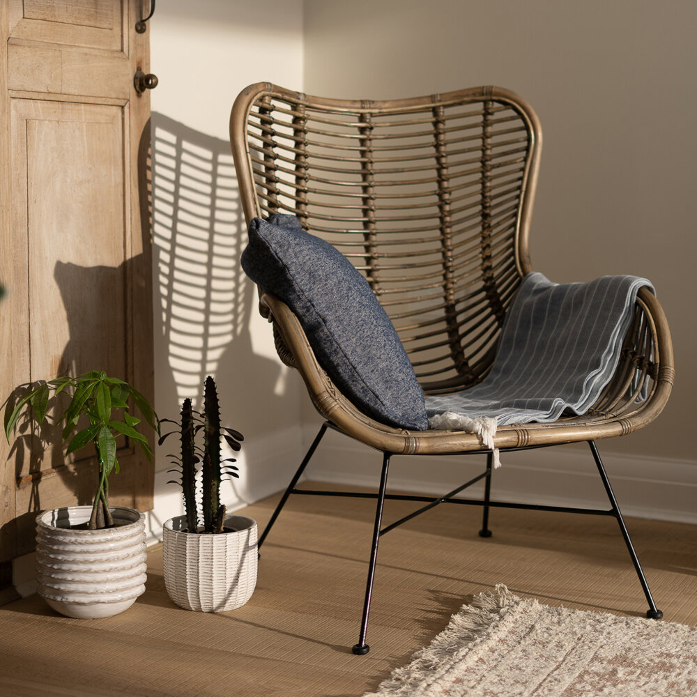 Dallington rattan lounge chair with pot plants placed on the floor next to it