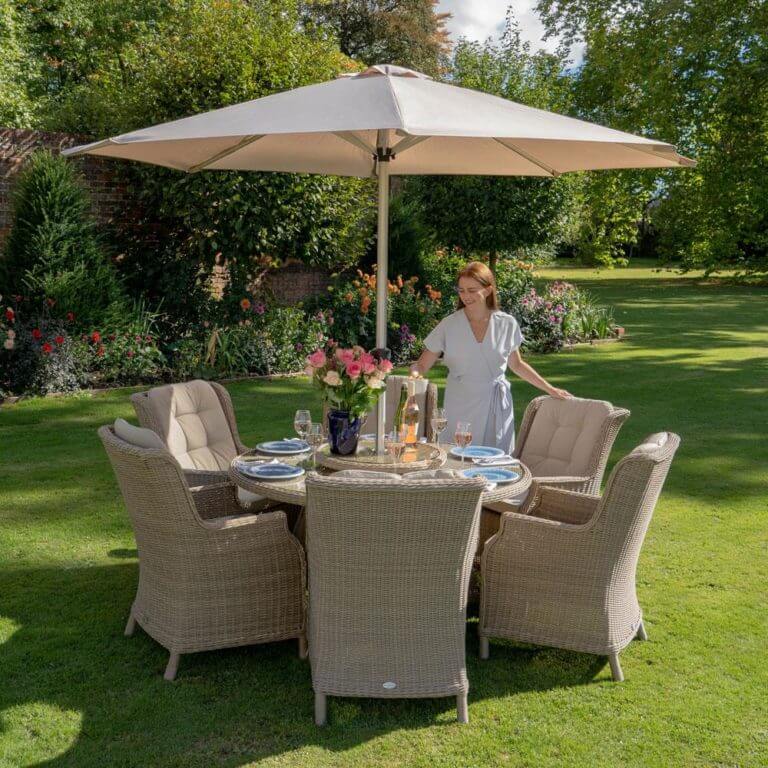 2019 Bramblecrest Oakridge 140cm Round Table, 6 High-Back Armchairs (No