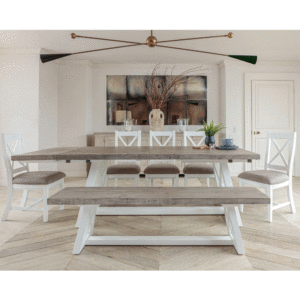 white and grey 1.6m dining set with left side extended. surrounded by 1 bench and 5 x chairs in dining room setting
