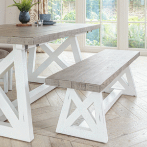Close up of white and grey dining bench 1.4m next to matching table