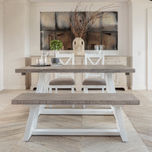 white and grey 1.6m extending table with 1 x bench and 2 x matching chairs in dining room setting