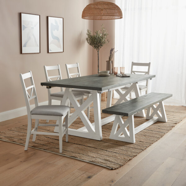 White and Grey Dining chair by table