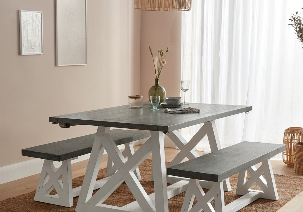White and Grey dining table with White and Grey dining benches placed either side