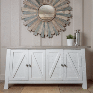 white and grey sideboard - pictured under large circular gold mirror on wall