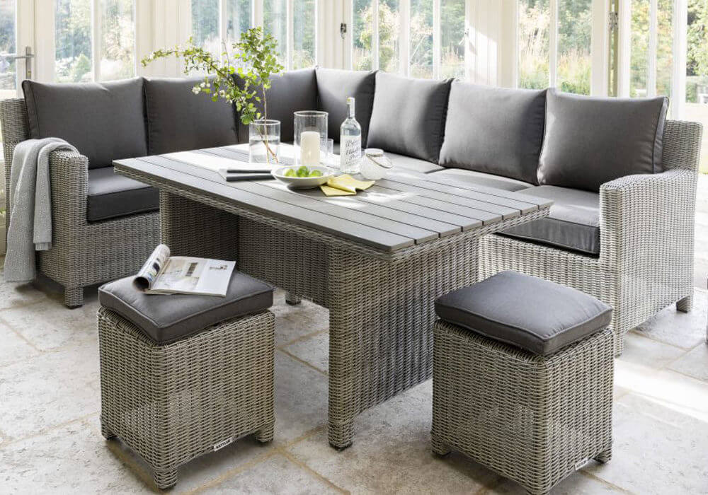 2020 Kettler Palma Casual Garden Dining Corner Sofa Set With Slat Table – Whitewash