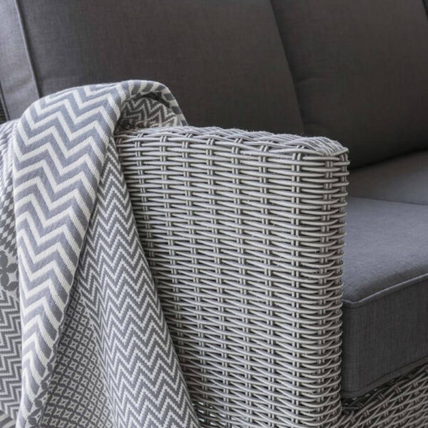 Close up of Kettler Palma sofa arm with grey blanket draped over edge