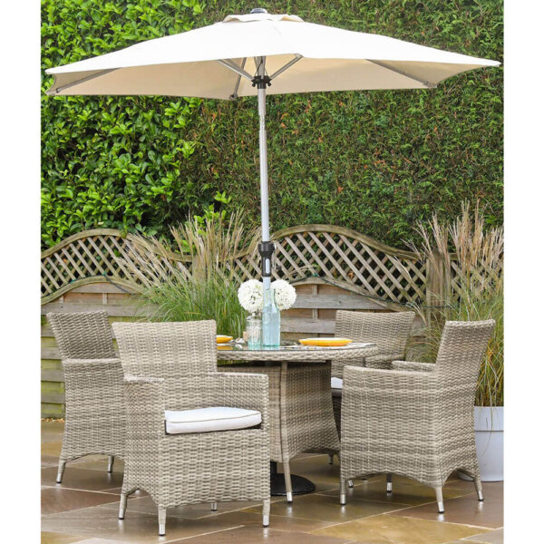 2020 Hartman Westbury 4 seat garden dining set with round table- beech/dove. 2.5m parasol put up over table
