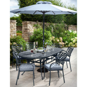 Hartman Berkeley 6 Seat Garden Dining Set With Oval Table & Parasol - Antique Grey/Platinum