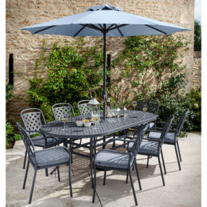 Hartman Berkeley 8 Seat Garden Dining Set With Oval Table & Parasol - Antique Grey/Platinum