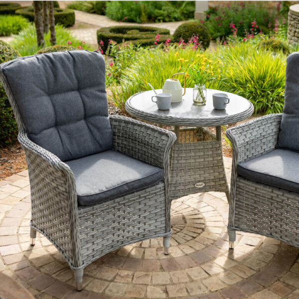 2021 Heritage garden bistro set with 2 x chairs and 1 table on round stone patio in garden