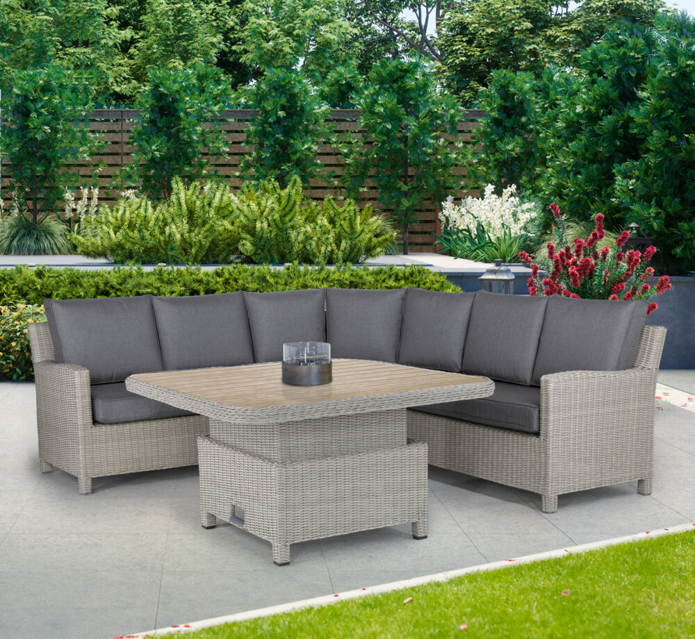 Kettler Palma Signature Grande Garden Dining Corner Sofa Set – Whitewash lifestyle table up