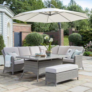 2021 Kettler Charlbury casual garden dining corner sofa set in an outdoor courtyard with hanging canopy above