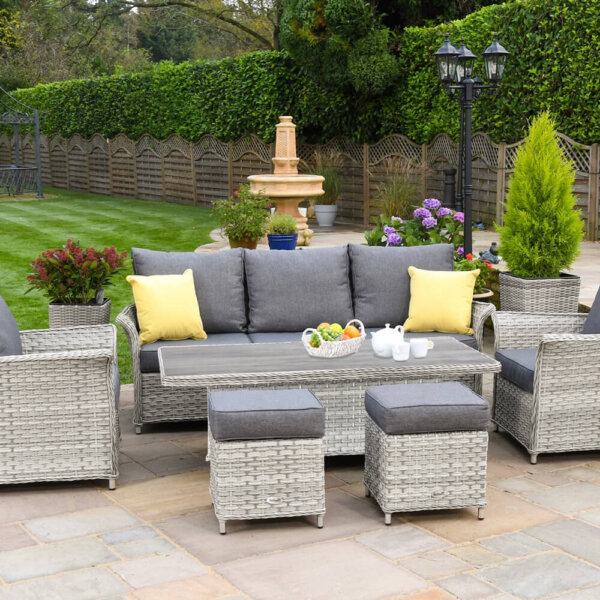 2021 Hartman Heritage 7 Seat Garden Lounge Set With Tuscan Ceramic Adjustable Table on a garden patio