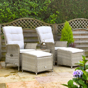 Hartman Heritage Reclining Companion Set With Ceramic Table in Beech/Dove on a garden patio