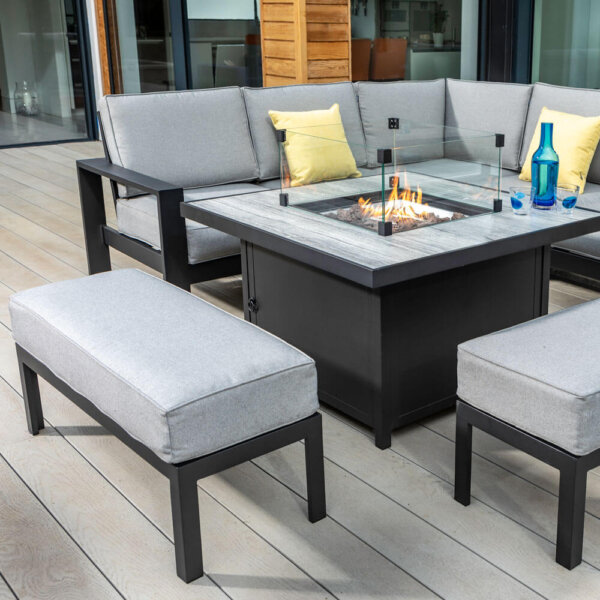 Hartman Atlas Fire Pit Table With Benches in foreground