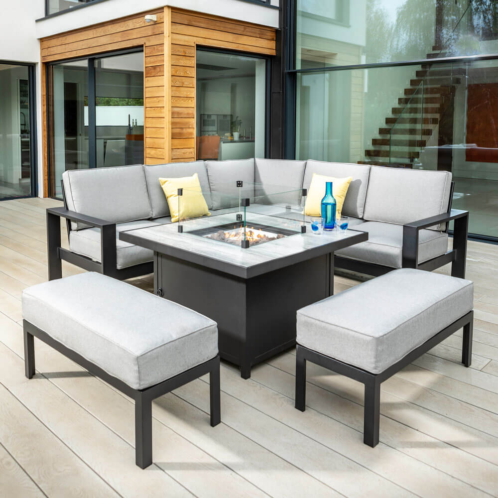 2021 Hartman Apollo Square Gas Fire Pit Casual Dining Set with Tuscan Table - Carbon/Pewter