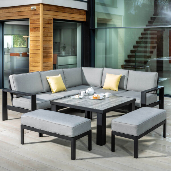 2020 HARTMAN ATLAS SQUARE CASUAL GARDEN DINING SET WITH CERAMIC SQUARE TABLE – CARBON/PEWTER