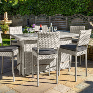 2020 HARTMAN HERITAGE 6 SEAT GARDEN BAR TABLE SET WITH INTEGRATED CUSHION BOX – ASH/SLATE