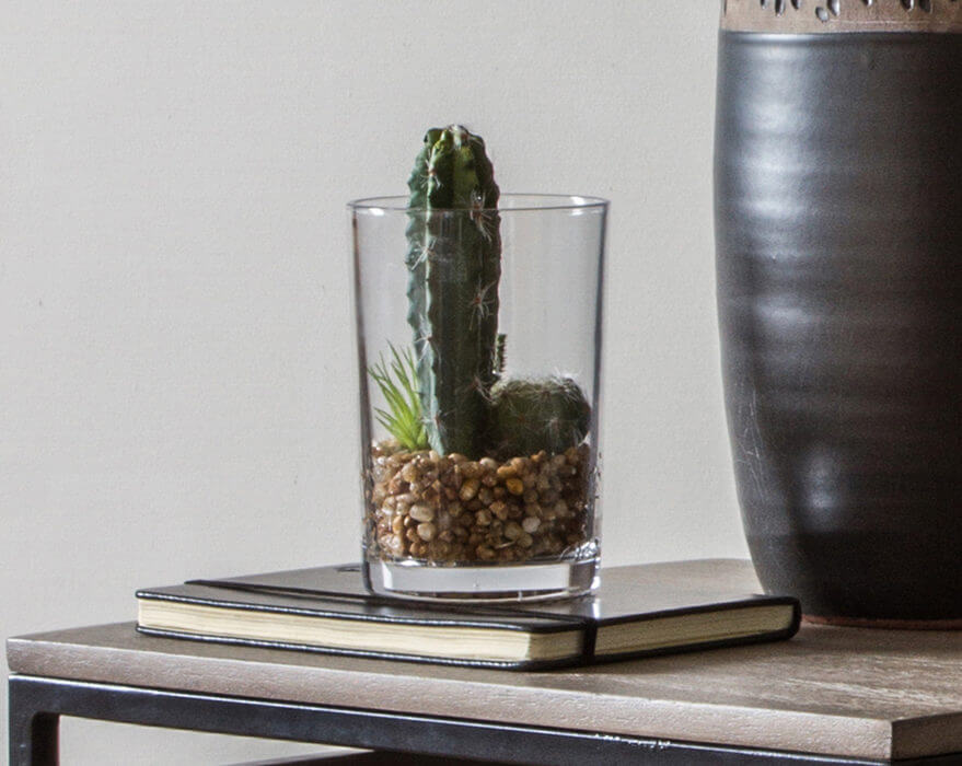 Artificial Mini Cacti garden In A Jar sitting on top of book next to black vase